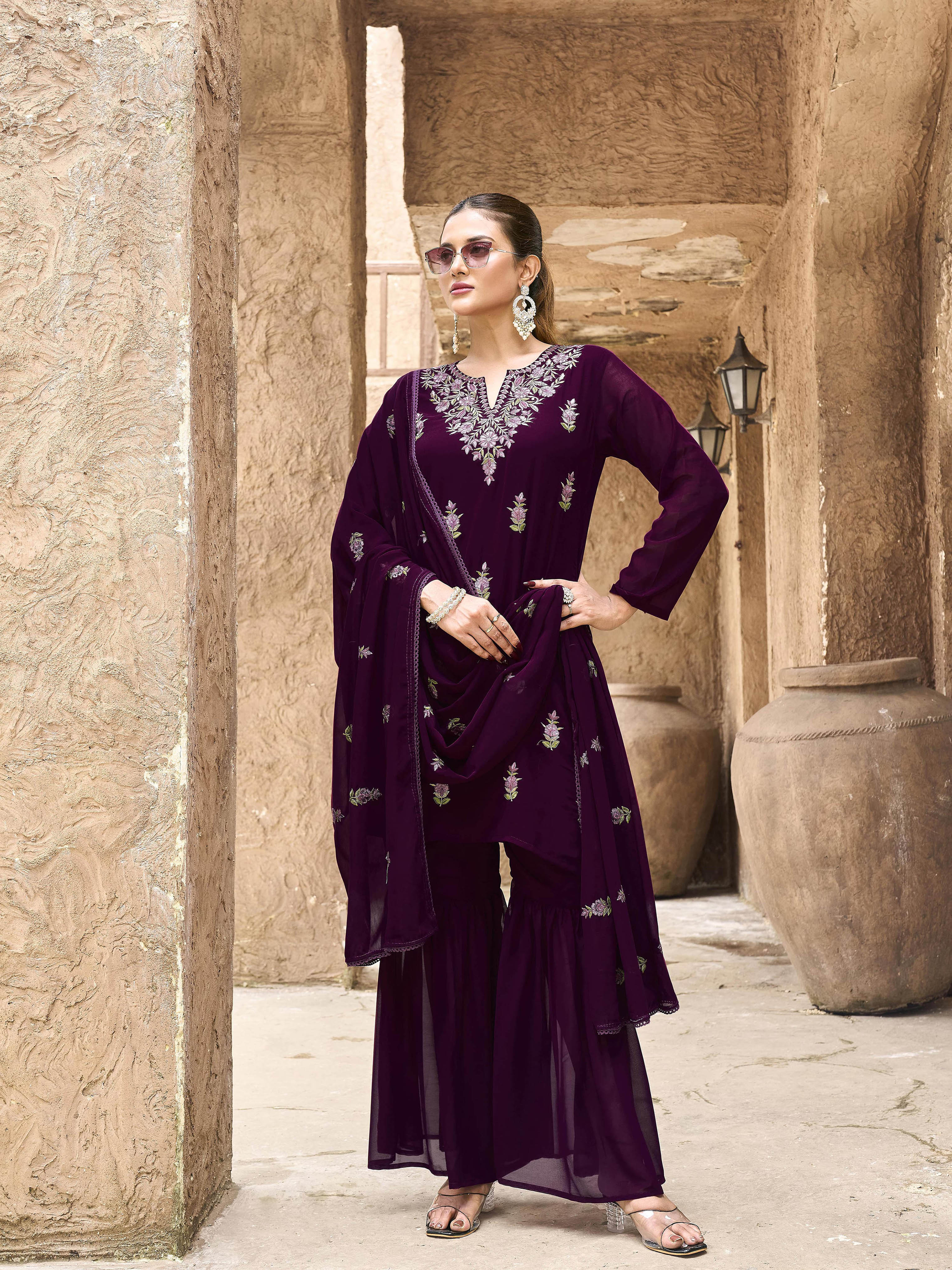 Burgundy color georgette with zari work kurta & sharara with dupatta set